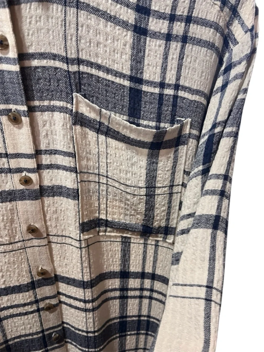 Pilcro Cream and Navy Long-Line Button Front Plaid High-Low Shirt Dress